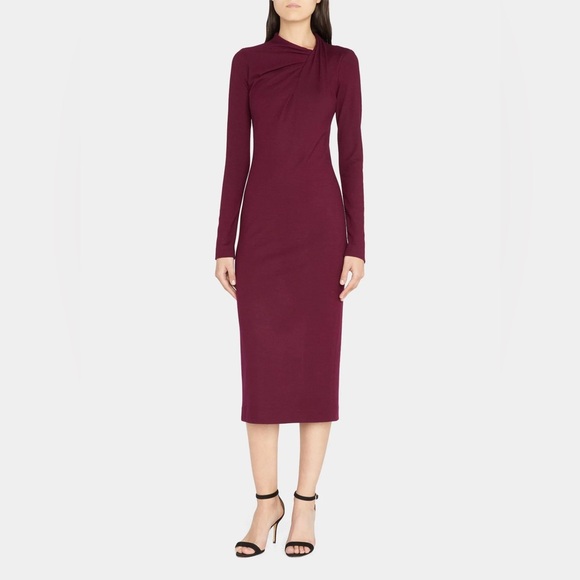 Adam Lippes $1590 Wool Twisted Neck Long Sleeve Midi Dress in Merlot - Picture 2 of 7
